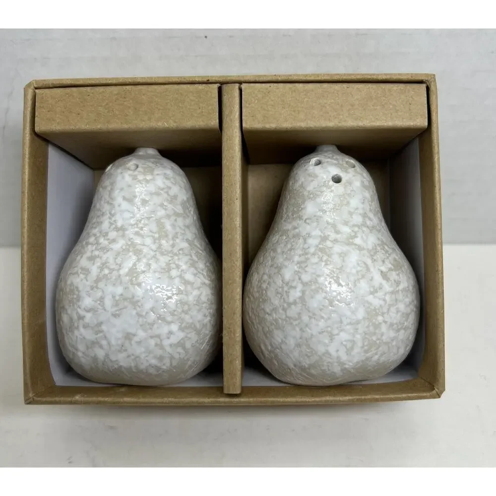 West Elm Speckled White Pear Salt & Pepper Shakers Ceramic NIB 8439036